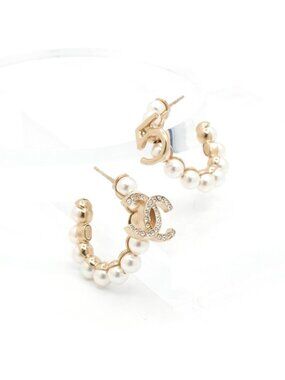 Chanel Earrings Gold CC Logo N5 Rhinestone Hoop